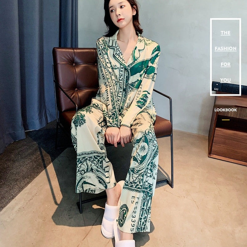 QWEEK Designer Clothes Women Luxury Satin Pajamas Summer Trouser Suits Money Print 2 Piece Set Nightwear Long Sleeve Room Wear