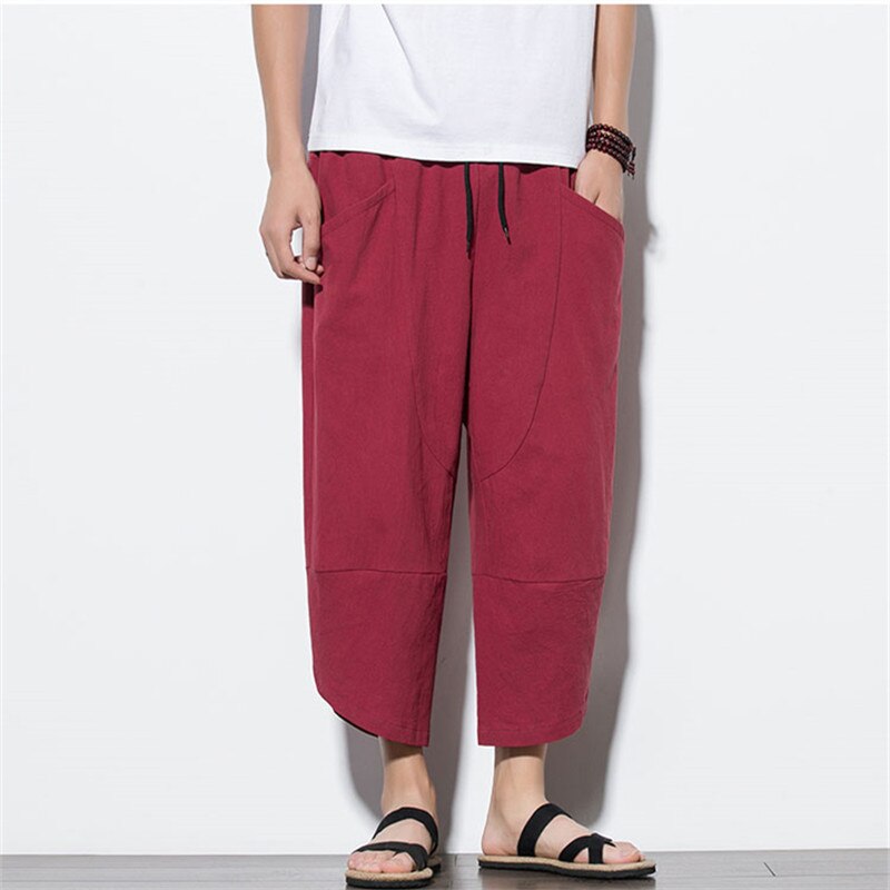 New Men Cotton Linen Harem Pants Mens Retro Chinese Style Pants Streetwear Loose Casual Elastic Waist Calf Lenght Trousers Men