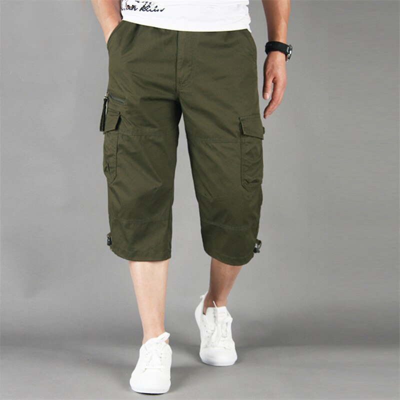 New Calf-Length Pants Men Summer Multi Pocket Loose Casual Cargo Pants Cotton Short Pant Mens Joggers Troursers Plus Size M-5XL