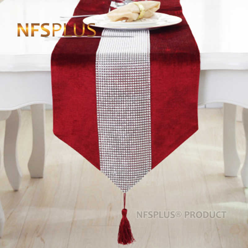 Diamante Table Runner With Tassel Silk Like Fabric Rhinestone Crystal Table Cloth Cover Dinning Tablecloth Placemat Home Decors