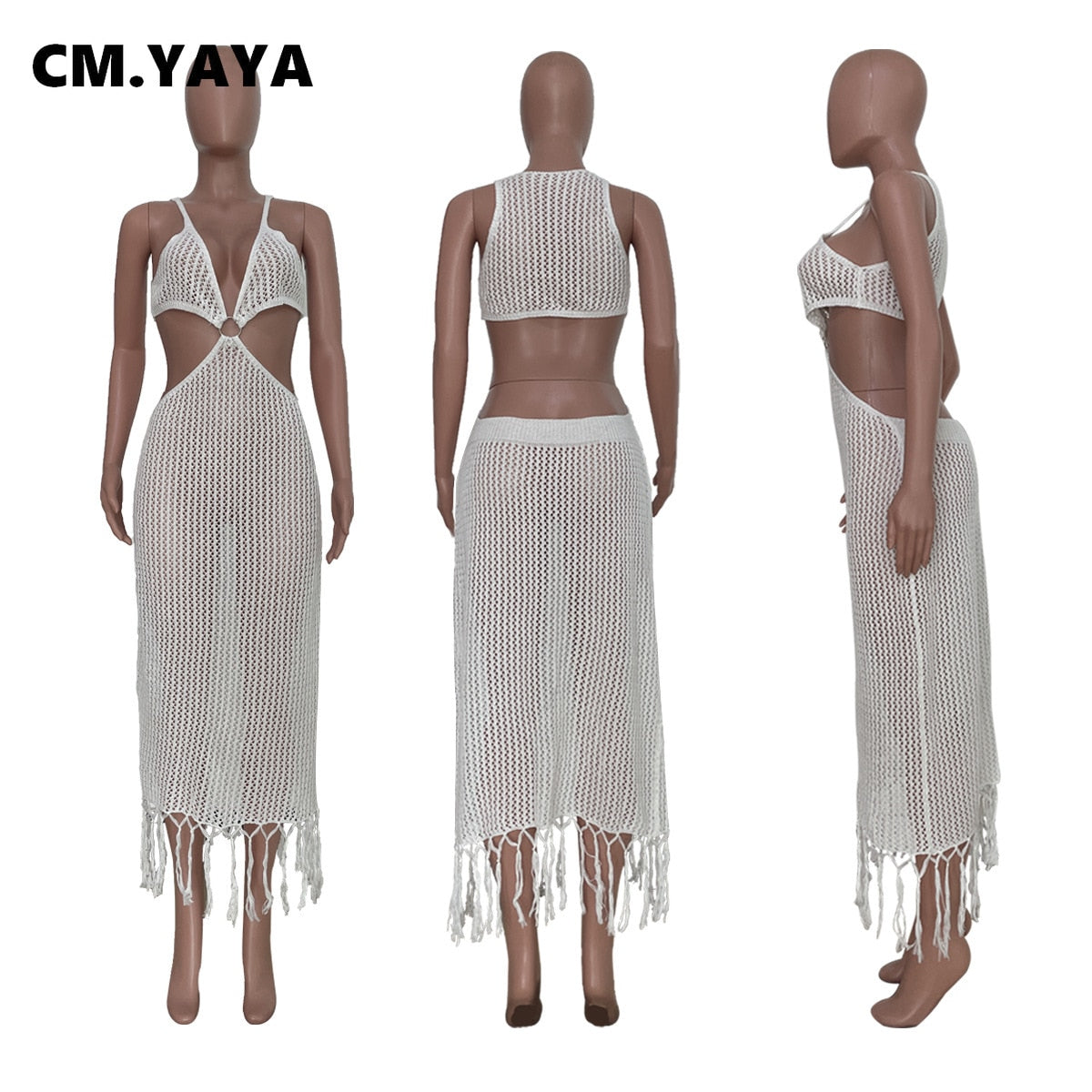 CCM.YAYA Women Ribbed Tassel Hem Cut Out Waist Spaghetti Strap Roll Bodycon Midi Maxi Long Beach Dress 2022 Summer Knit Vestidos