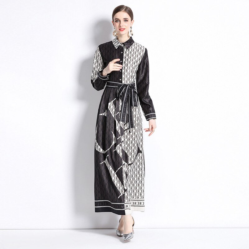 Runway Autumn Letter Print Shirt Dress Women's Lapel Collar Long Sleeve Lace Up Bow Belt A Line Vintage Party Vestidos M9881