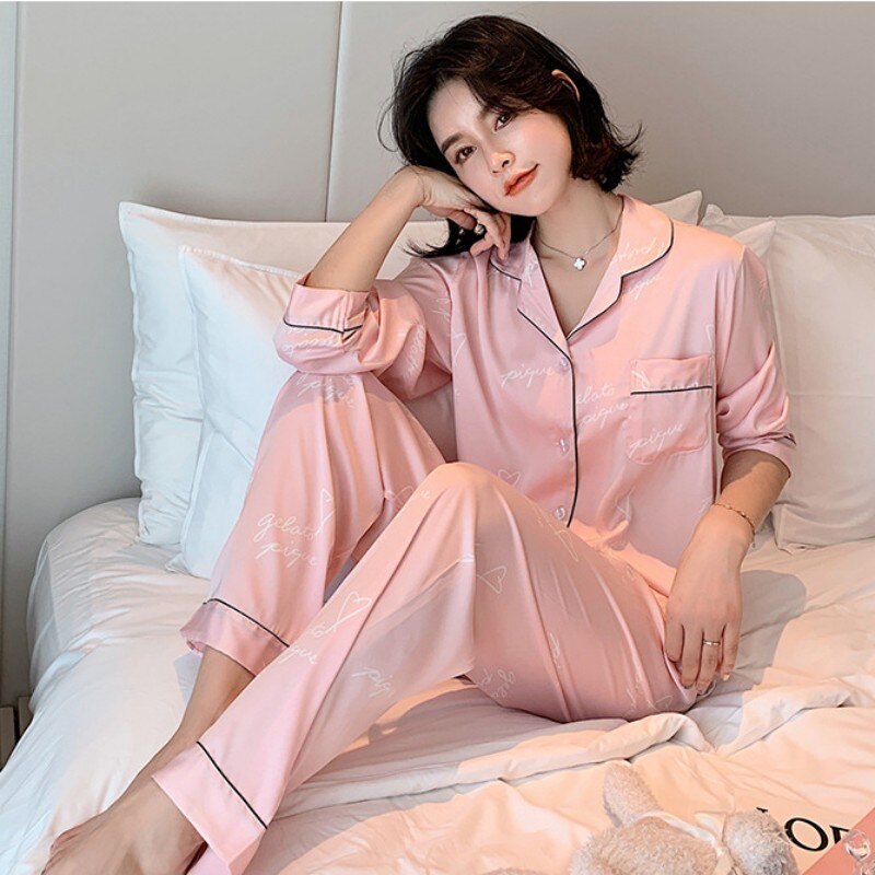 QSROCIO Simulation Silk Pajamas Women Summer Thin Long Sleeved Cardigan Two-piece Set Fashion Letter Printing Home Clothing