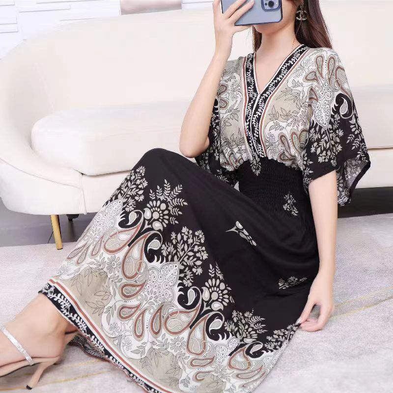 Casual Elegant Retro Style V-neck Tunic Large Swing Printed Dress Long Skirt