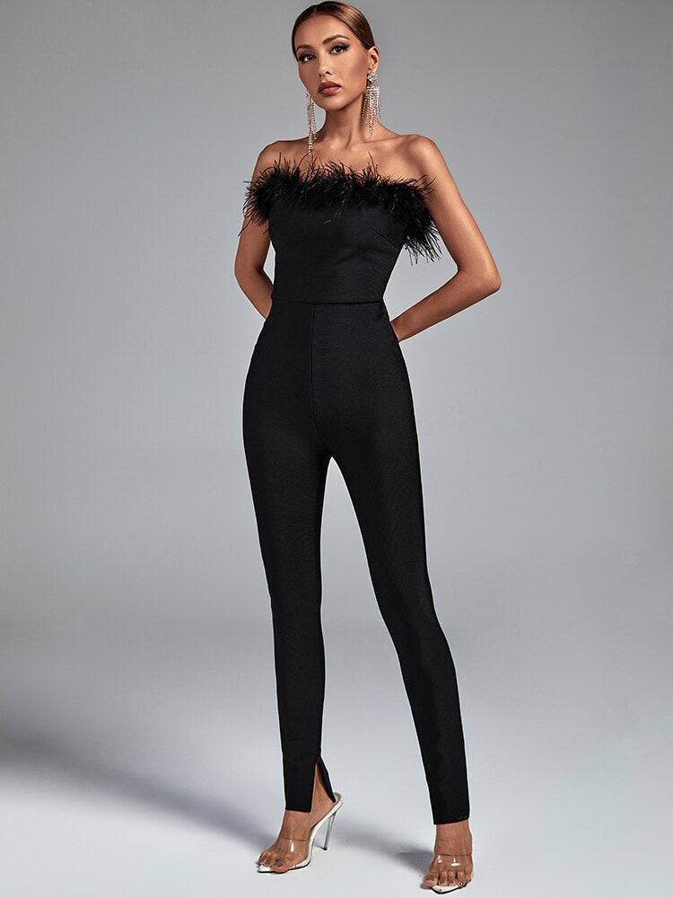 Feather Bandage Jumpsuit Women Black Bodycon Jumpsuit Evening Party Elegant Sexy Birthday Club Outfits 2022 Summer New Arrival