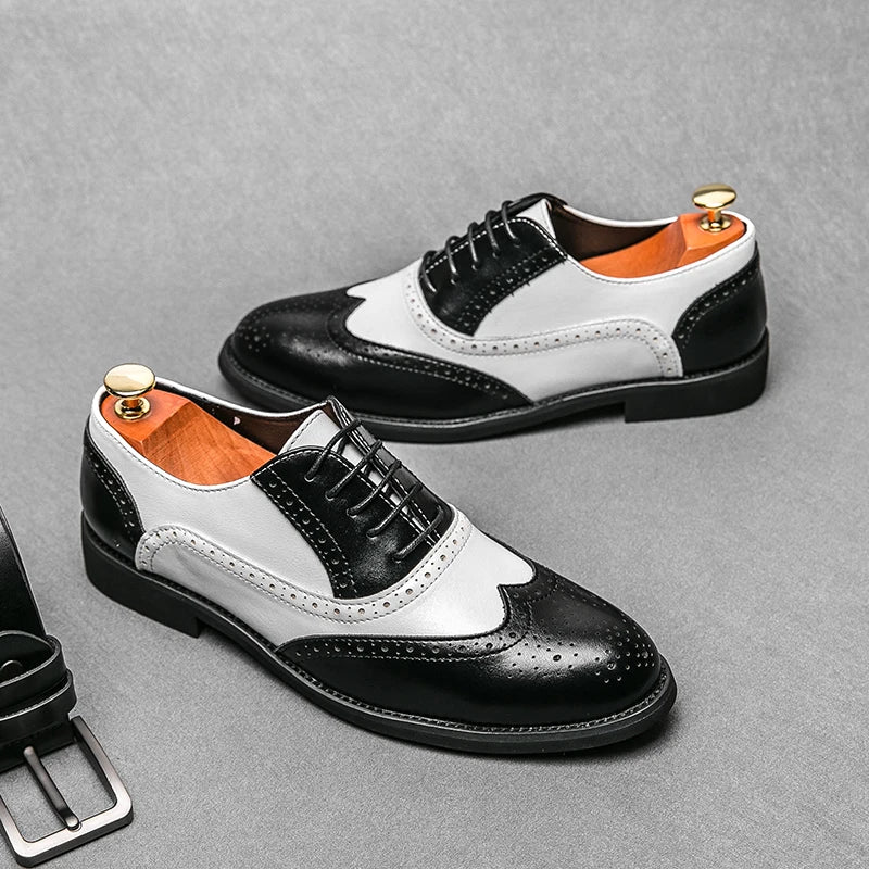 Brogue Shoes for Men Black White Lace-up Round Toe Men's Formal Shoes Handmade Size 38-48 Men Shoes