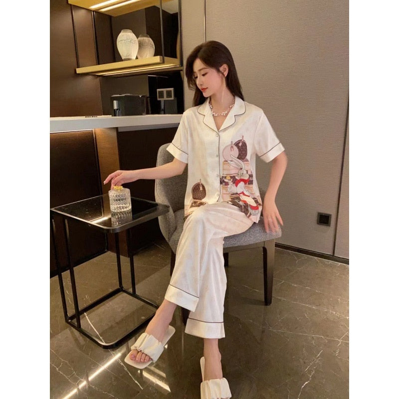 Summer 2023 New Cartoon Rabbit Stylish Bag Printed Ice Silk Pajamas Women's Short Sleeve Trousers Suit Homewear