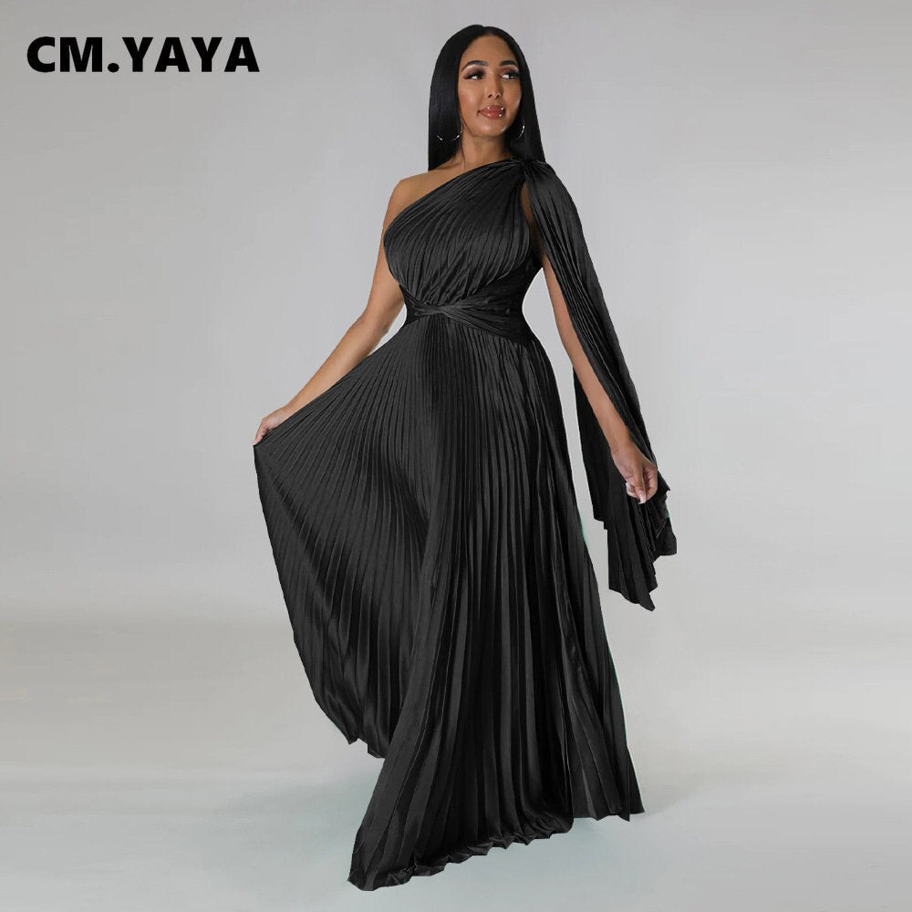 CM.YAYA Vintage Women One Shoulder Clock Sleeve Sashes High Waist Big Swing Pleated Maxi Long Sexy Party Evening Silk Dress 2023