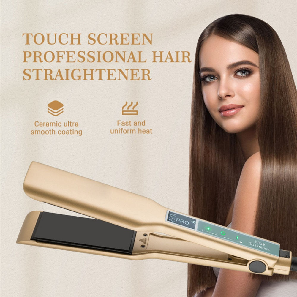 Touch Screen MCH Wide Plate Gold Brazilian Keratin Treatment Titanium 230℃ Professional Permanent Flat Iron Hair Straightener