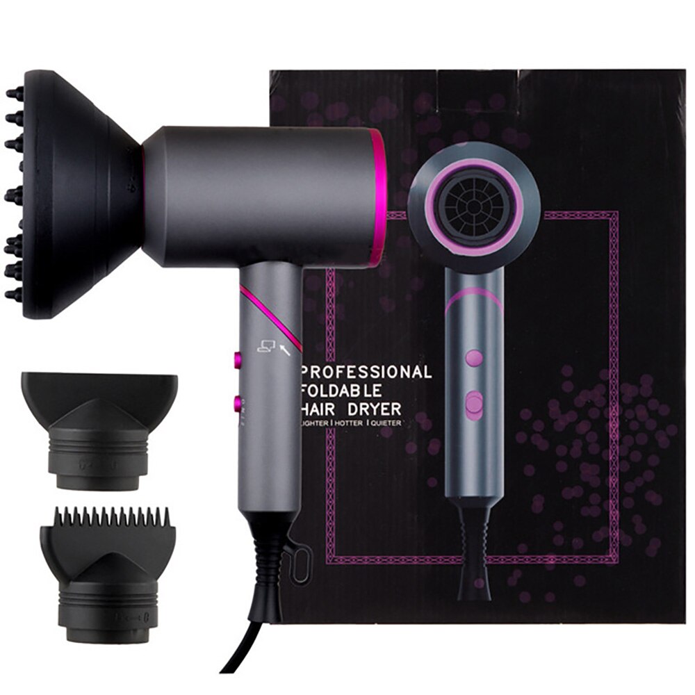 Foldable Handle Hair Dryer Hot and Cold Strong Wind Powerful Negative Ion Blower 2 Air Collecting 1 Diffuser Nozzle for Travels