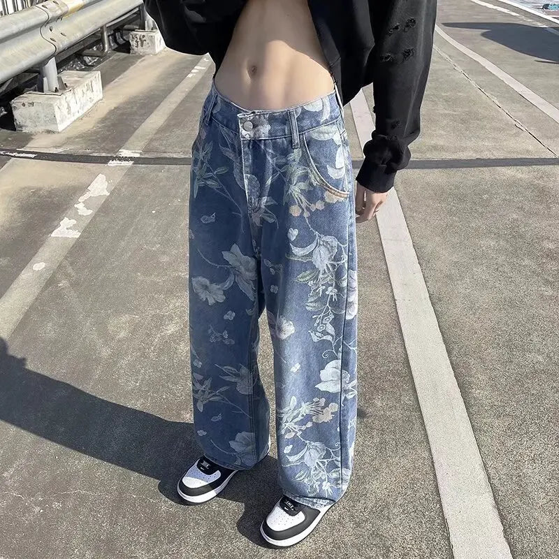 Korean Style Mens Fashion Blue Printed Jeans 2024 Spring New Floral Denim Pants High Street Loose Straight Couples Trousers