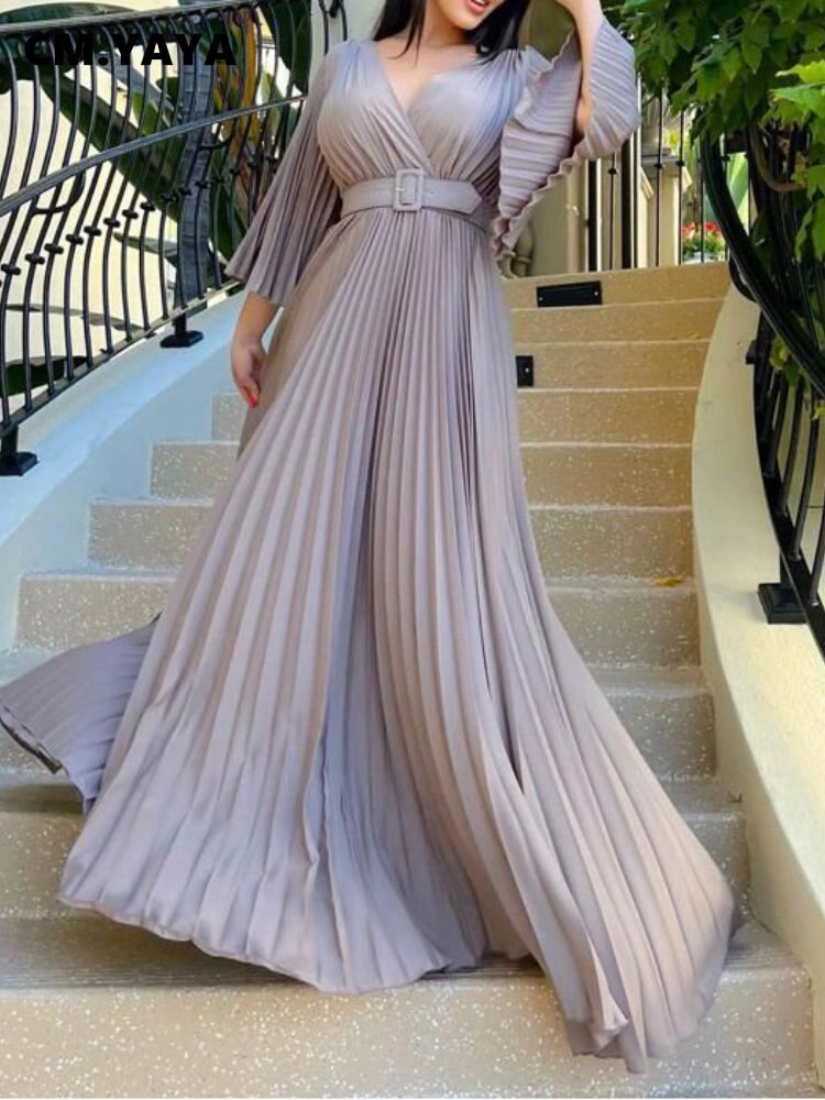 CM.YAYA Pleated Wraped V-neck Flare Sleeve Big Swing Floor Length Maxi Long Dresses for Women Autumn Winter Party Prom Dress