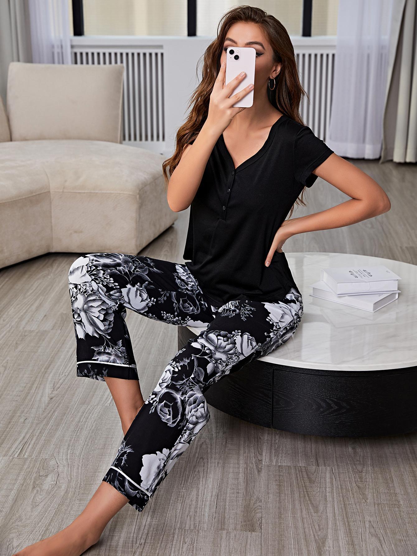 GOVOC Europe and America pajamas set V-neck women's trousers home clothes 2023 summer thin clothing sales 22010-Black