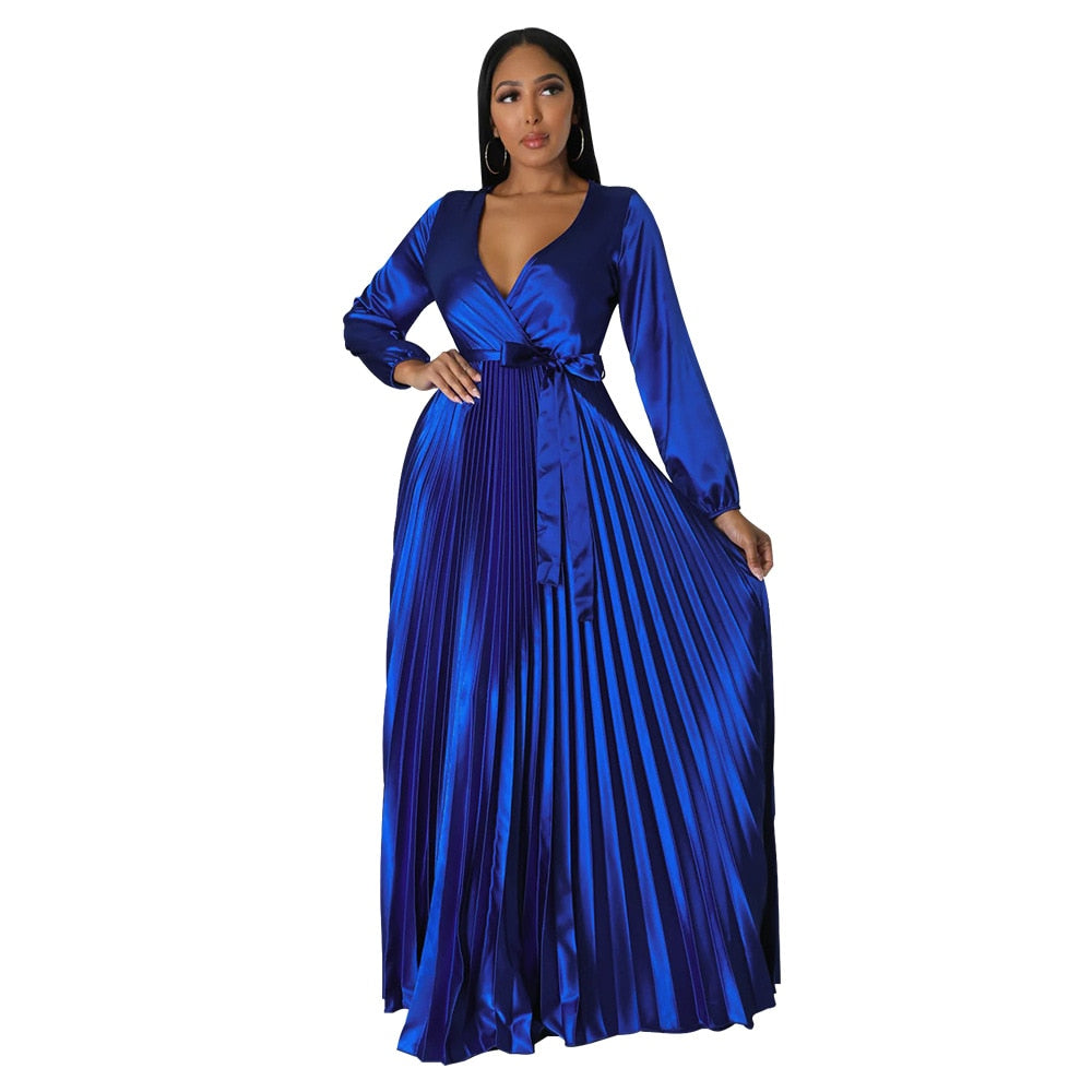 CM.YAYA Vintage Women Wrap V-neck Sashes Waist Pleated Maxi Dress Autumn Winter INS Big Swing Sexy Night Party Club Long Dresses