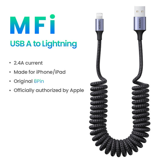 UGREEN MFi 3A USB C to Lightning Spring Cable for iPhone 14 13 12 Pro Max Fast Charging for iPad Type-C USB A Cable for Car