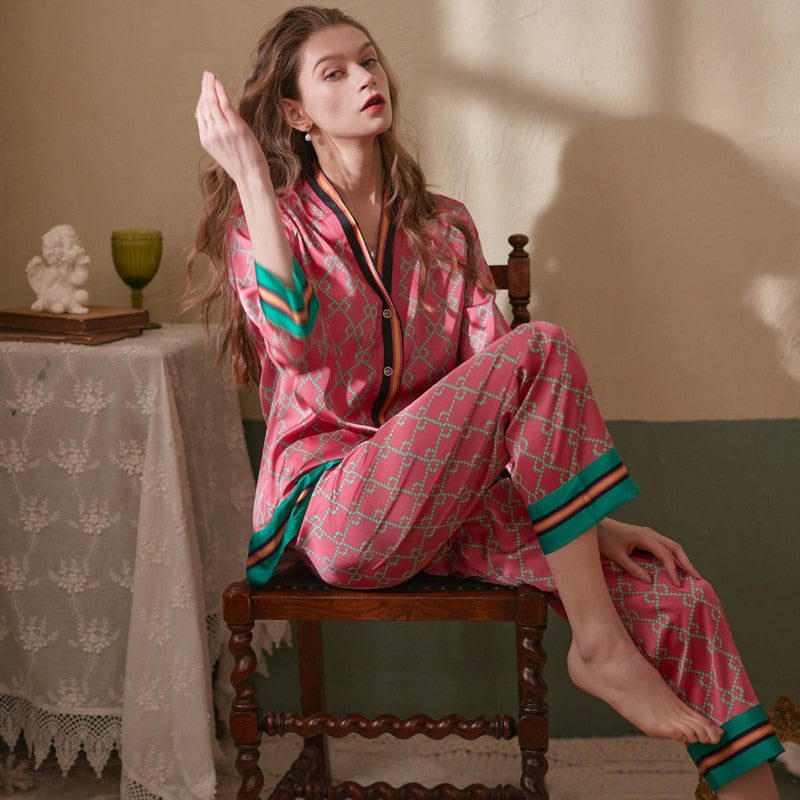 Lisacmvpnel 2022 Spring New Style Long Sleeved Women Pajamas Set Ice Silk Printed Fashion Pyjamas