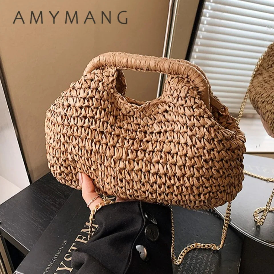 Retro Woven Clutch Bags for Women 2025 Straw Shell Chain Handbag Messenger Bag Ladies Holiday Beach Eco-friendly Crossbody Bag