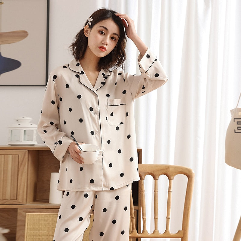 QSROCIO Satin Polka Dot Pajamas Women's Spring Autumn Thin Long Sleeved Pants Two-piece Set Fashion Casual Home Clothing