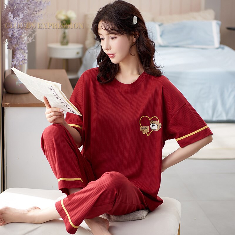 Summer Knitted Cotton Elegant Pajamas Set Women Pyjamas Polka Dots Sleepwear Nightwear Pijama Mujer Plus Size Calf-Length Pants