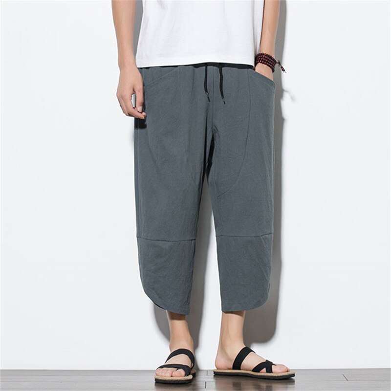 New Men Cotton Linen Harem Pants Mens Retro Chinese Style Pants Streetwear Loose Casual Elastic Waist Calf Lenght Trousers Men