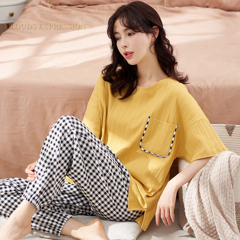 Summer Knitted Cotton Elegant Pajamas Set Women Pyjamas Polka Dots Sleepwear Nightwear Pijama Mujer Plus Size Calf-Length Pants