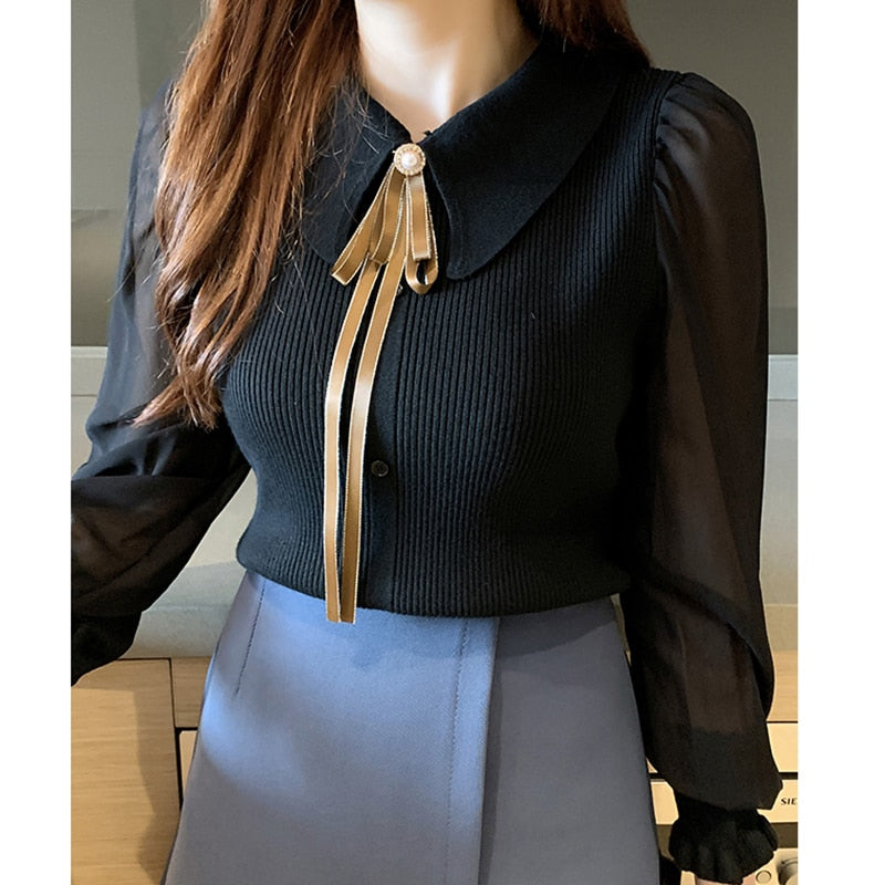 HELIAR Women Chiffon Patchwork Sweater Lantern Sleeve Turn-down Collar Button Pullover Office Lady Sweater For Women 2023 Autumn