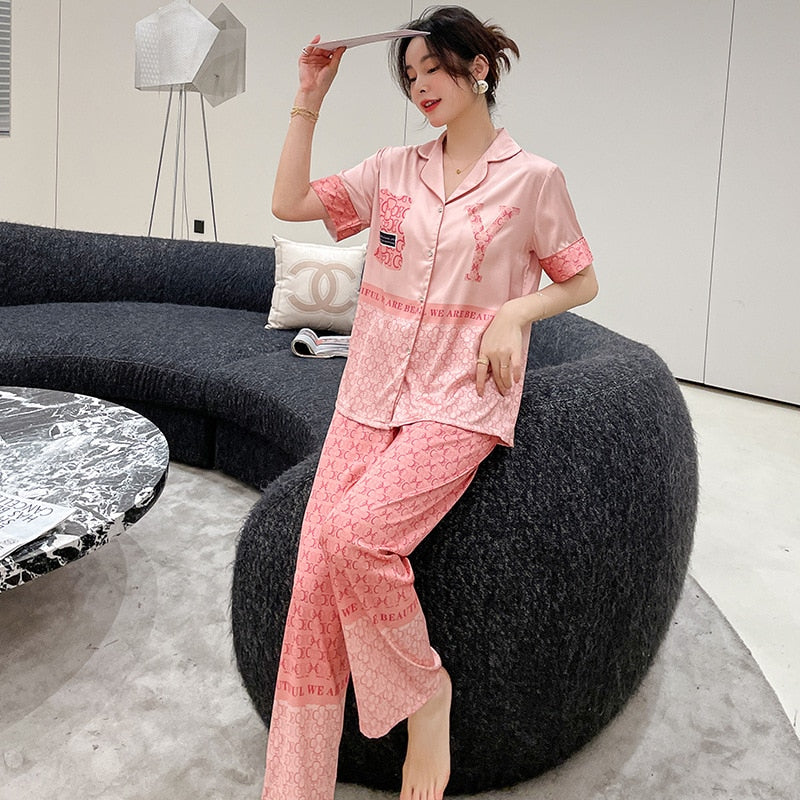 New pajamas female cartoon bear sweet and cute girl short-sleeved trousers suit  пижама хлопок  two piece set summer