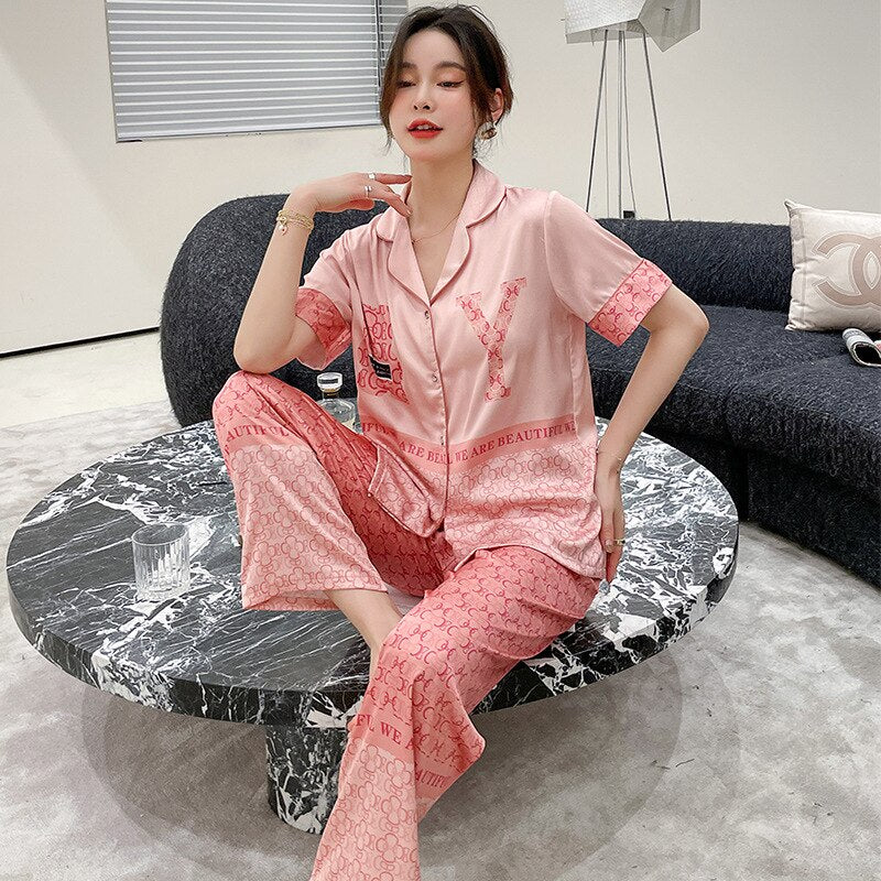 New pajamas female cartoon bear sweet and cute girl short-sleeved trousers suit  пижама хлопок  two piece set summer