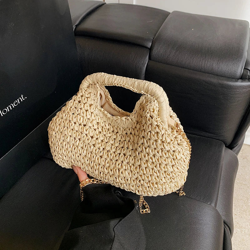 Retro Woven Clutch Bags for Women 2025 Straw Shell Chain Handbag Messenger Bag Ladies Holiday Beach Eco-friendly Crossbody Bag