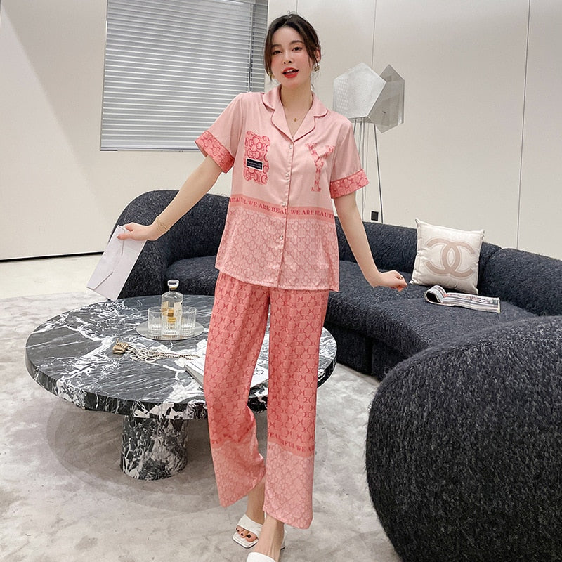 New pajamas female cartoon bear sweet and cute girl short-sleeved trousers suit  пижама хлопок  two piece set summer