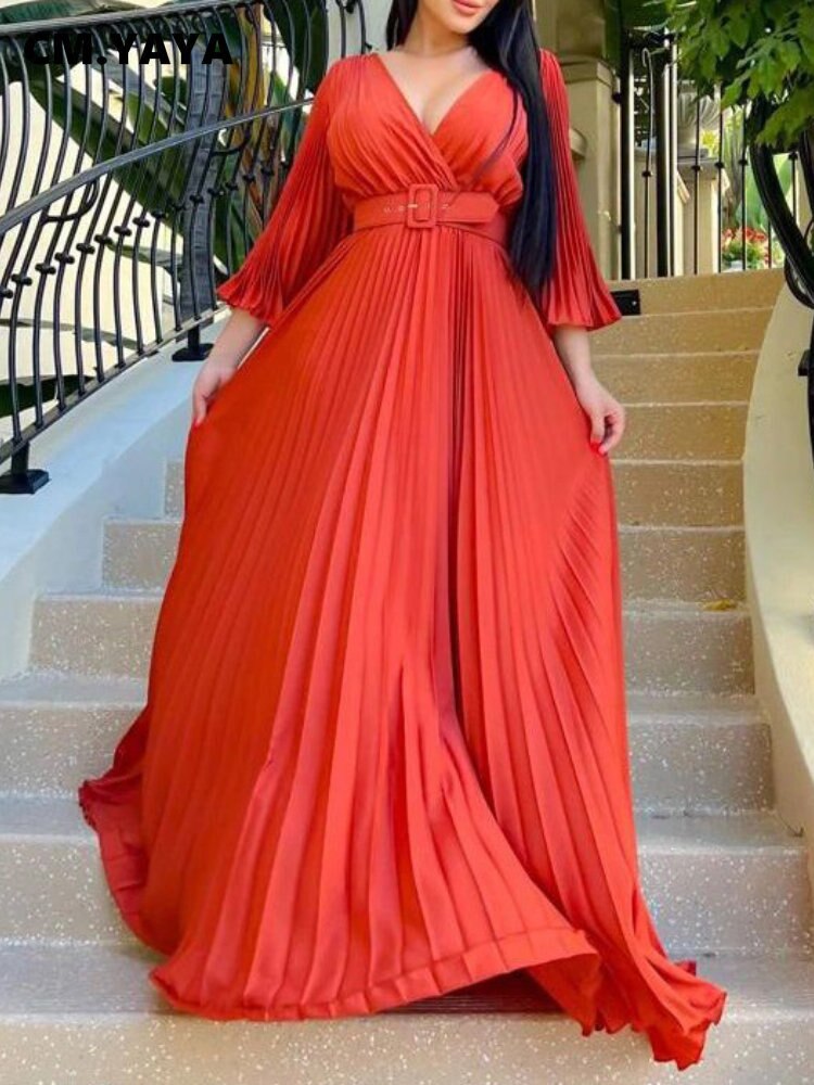 CM.YAYA Pleated Wraped V-neck Flare Sleeve Big Swing Floor Length Maxi Long Dresses for Women Autumn Winter Party Prom Dress