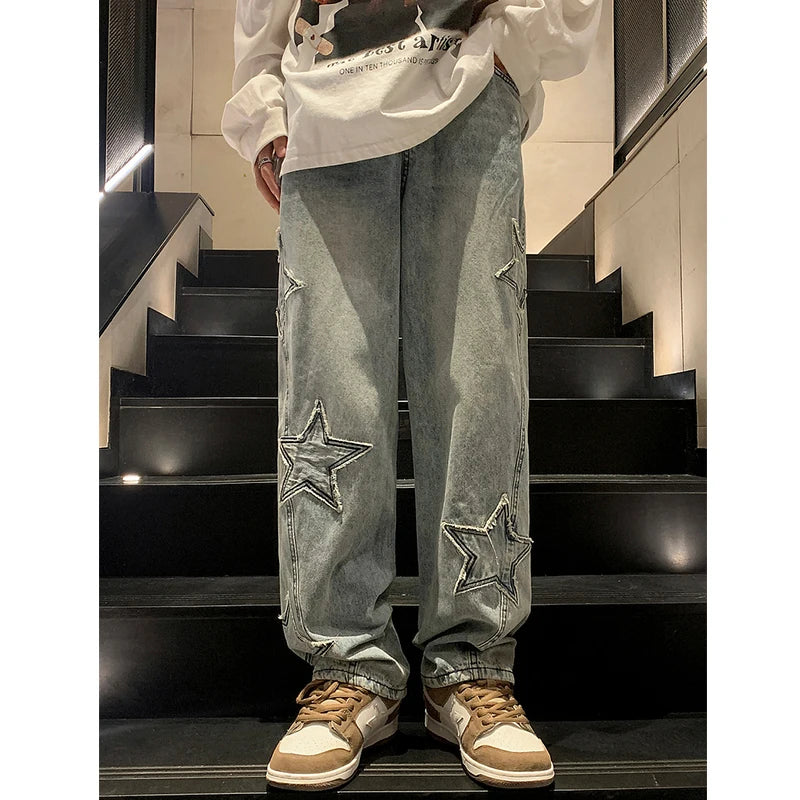 Star Embroidery Straight Casual Men Jeans Gothic Neutral New Wide Leg Loose Hip-hop Fashion Youth Streetwear Denim Trousers Y2K