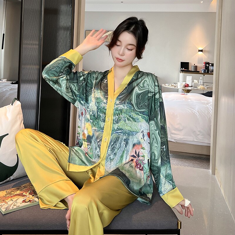 QSROCIO NEW Women's Pajamas Set Luxury Fashion Paint Print Sleepwear Silk Like Homewear V Neck Nightwear New пижама женская