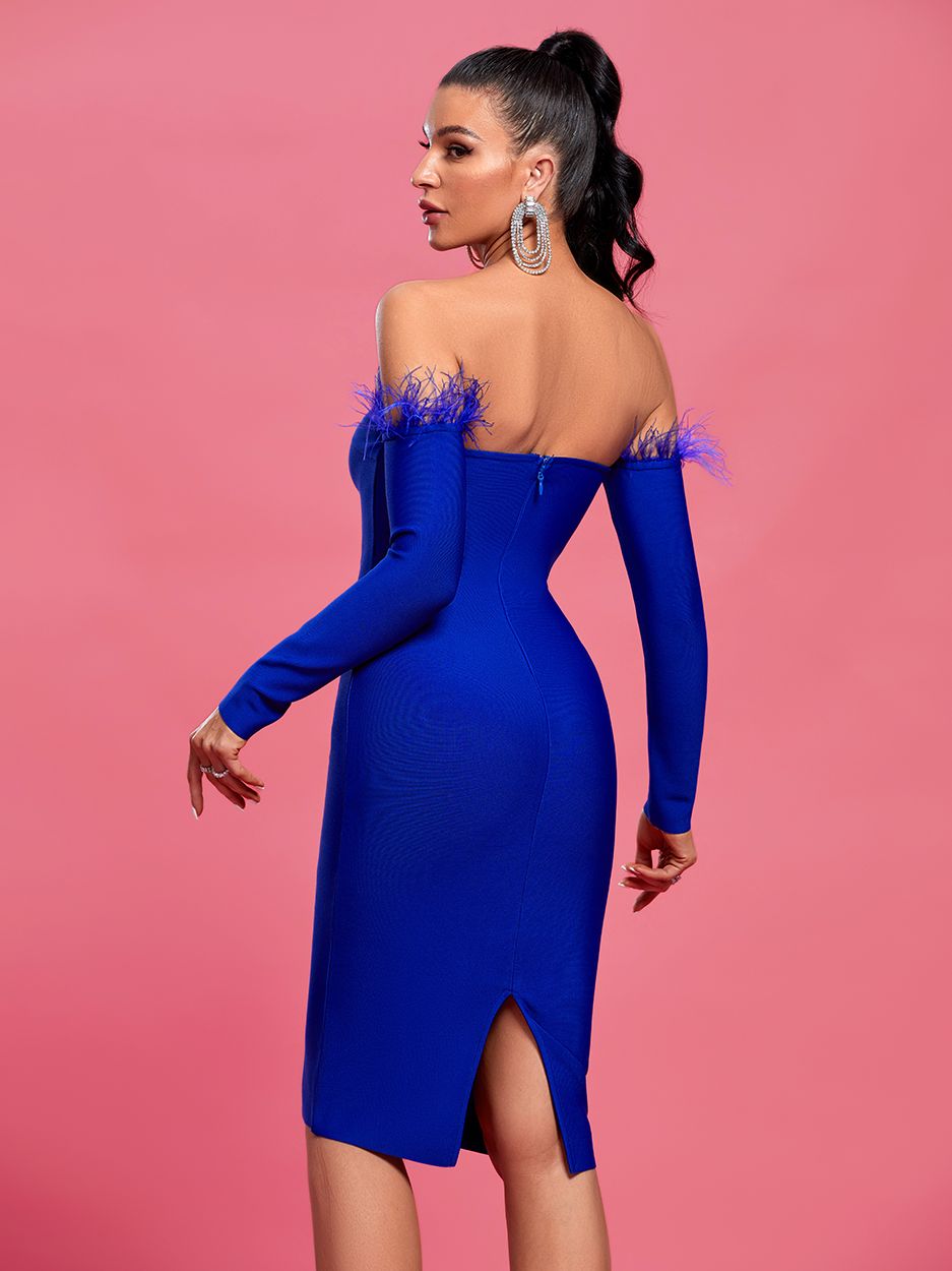 Feather Bandage Dress Women Blue Party Dress Bodycon Elegant Sexy Off Shoulder Long Sleeve Evening Birthday Club Outfit 2023