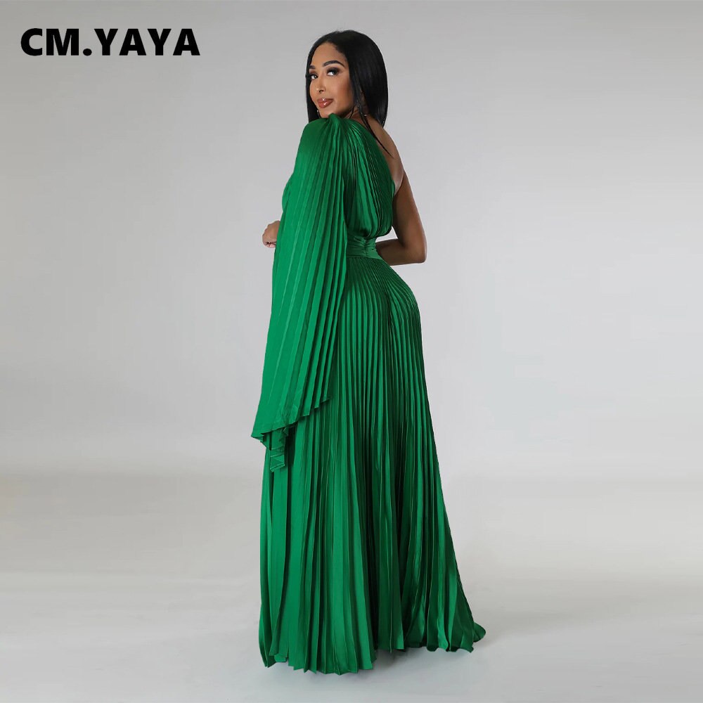 CM.YAYA Vintage Women One Shoulder Clock Sleeve Sashes High Waist Big Swing Pleated Maxi Long Sexy Party Evening Silk Dress 2023