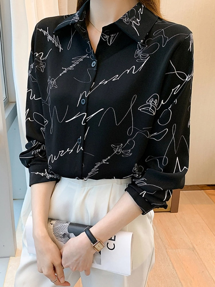 Fashion New Autumn Casual Print Women White Black Shirts Long Sleeve Elegant Slim OL Tops Female Vintage Chic Work Blouses