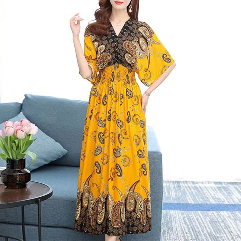 Casual Elegant Retro Style V-neck Tunic Large Swing Printed Dress Long Skirt