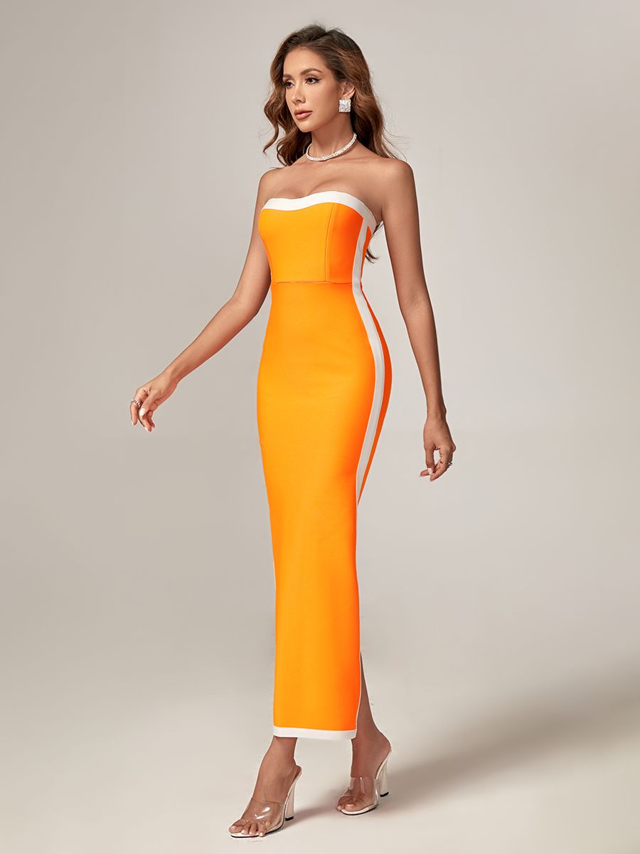 Elegant Bandage Dress Women Maxi Long Party Dress Bodycon Orange Sexy Strapless Evening Birthday Club Outfits 2023 Summer