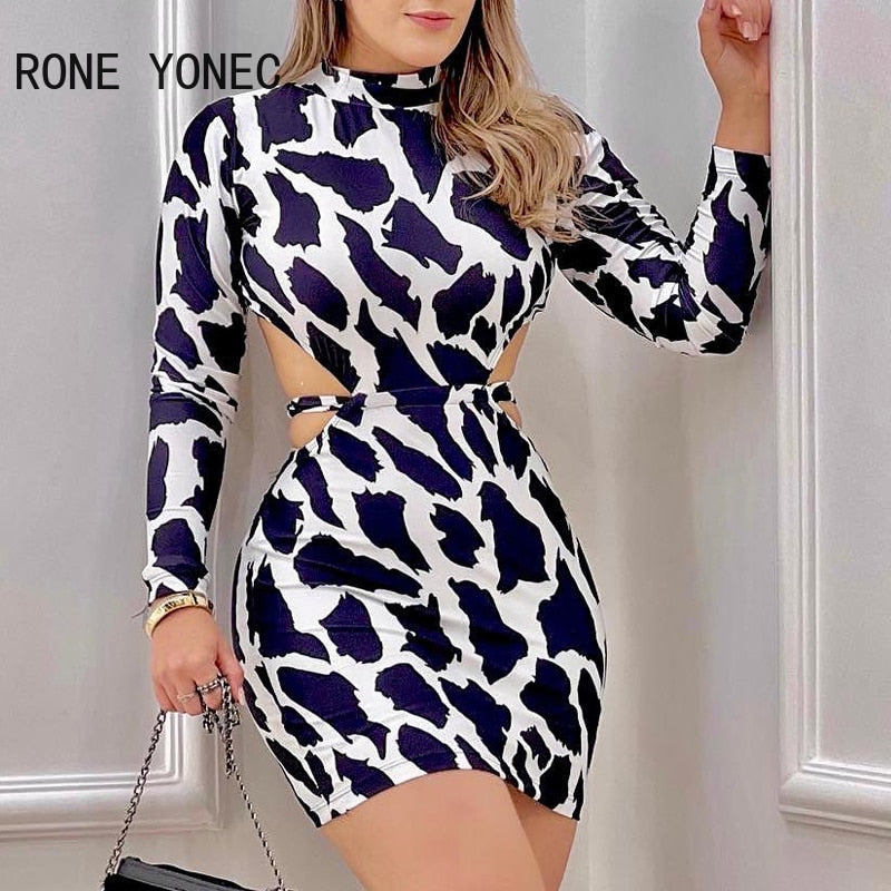 Women Sexy Elegant Turtleneck Long Sleeves Leopard Pattern Midriff Bodycon Mini Sexy Party Dresses