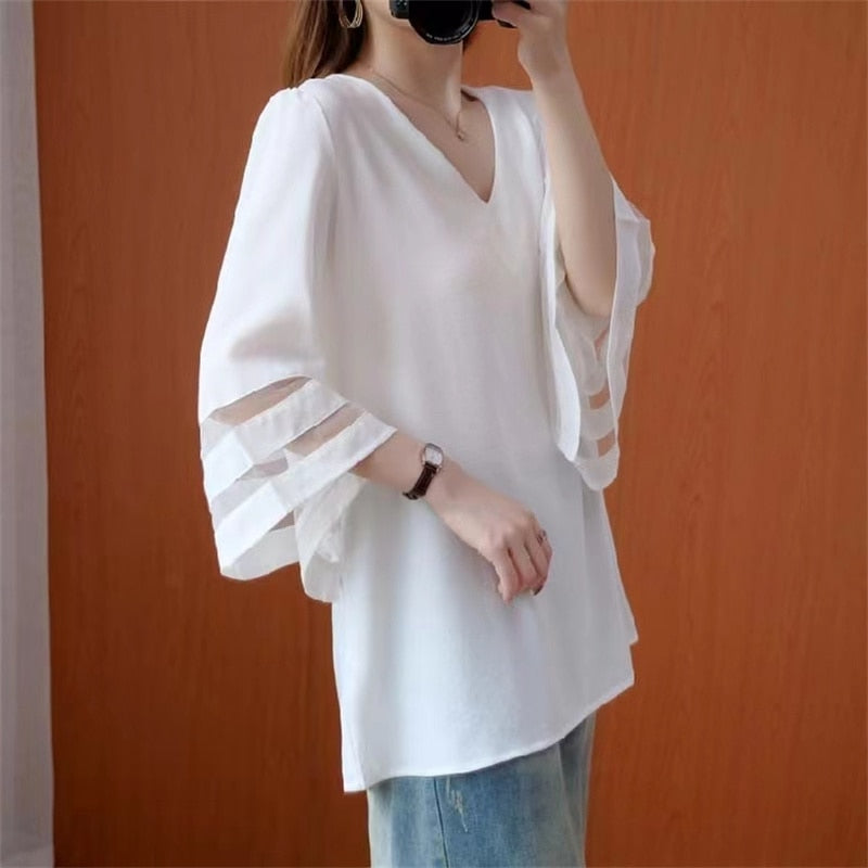 Sweet Elegant Casual V-neck Flare Sleeve Splicing Mesh Solid Color Loose Plus Size Chiffon Clothes For Woman Shirt Tops Blouses