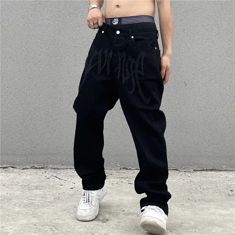 Y2K Black Baggy Jeans Men's New Streetwear American Retro Printed Letter Pants Straight Hip-hop Loose Denim Trousers