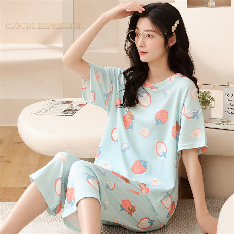 Summer Knitted Cartoon Rabbit Print Two Piece Kawaii Girl Short Sets Women Pajamas Sets Pyjamas Ladies Sleepwear Pijamas Fashion