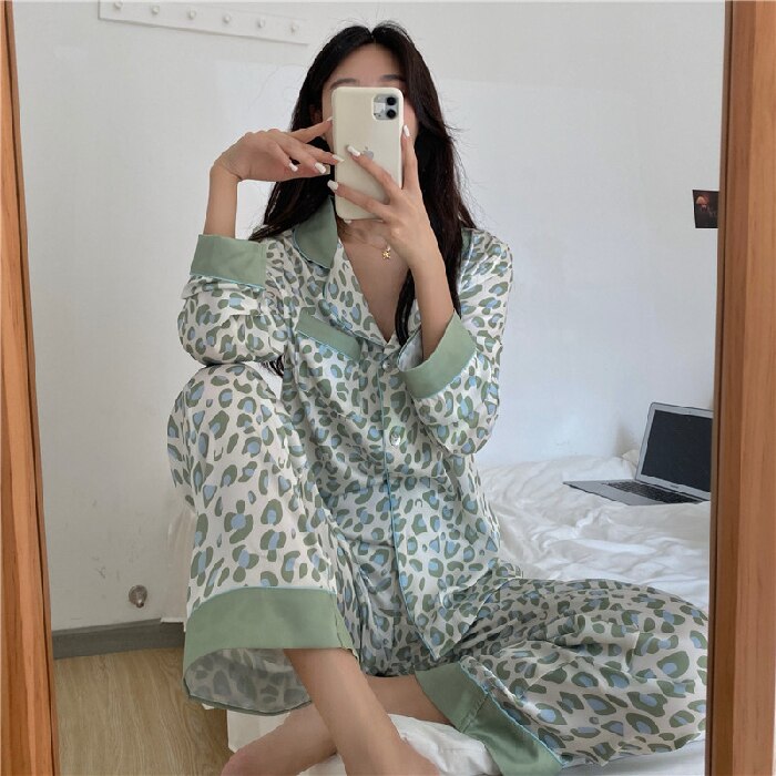 Pajamas Set for Women Luxurious Sweet Satin Pyjamas Woman Elegant Long Sleeve Ladies Sleepwear Sets Long Pant Home Wear