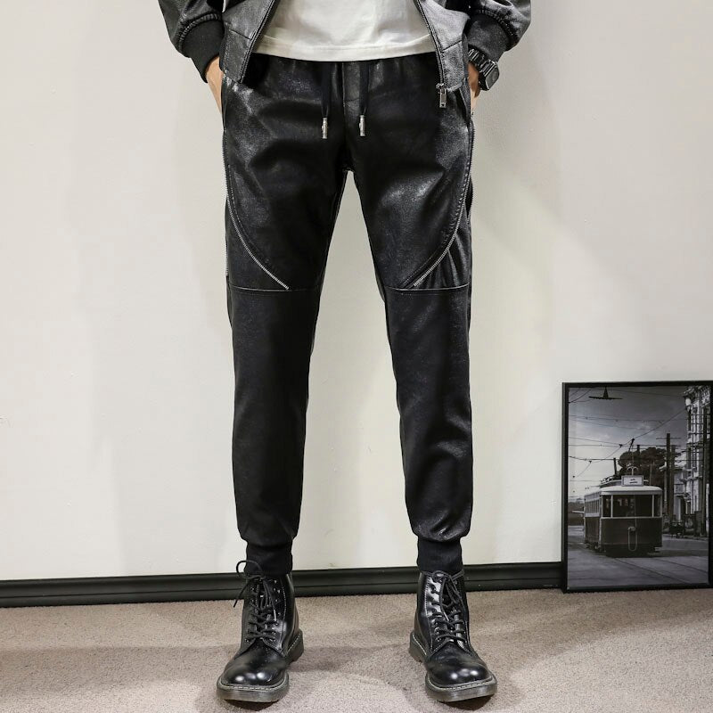 Mens black leather pants mens tights pants faux leather pu sexy motorcycle skinny trousers 28-36 AYG180