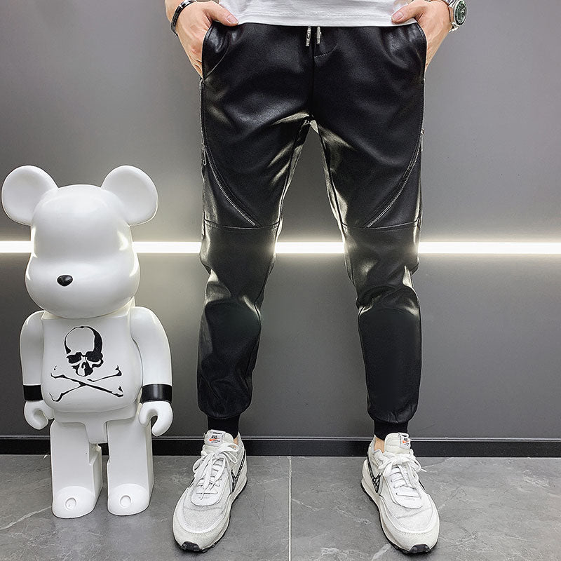 Hot 2023 new men's pu leather straight pants motorcycle casual skinny trousers Black size 28-36 A106
