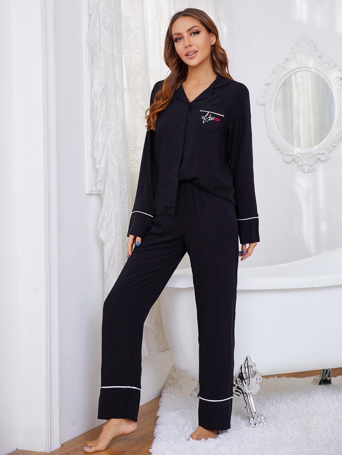 GOVOC Europe and America pajamas set women's trousers home clothes 2023 autumn and winter clothing sales RM184-Black