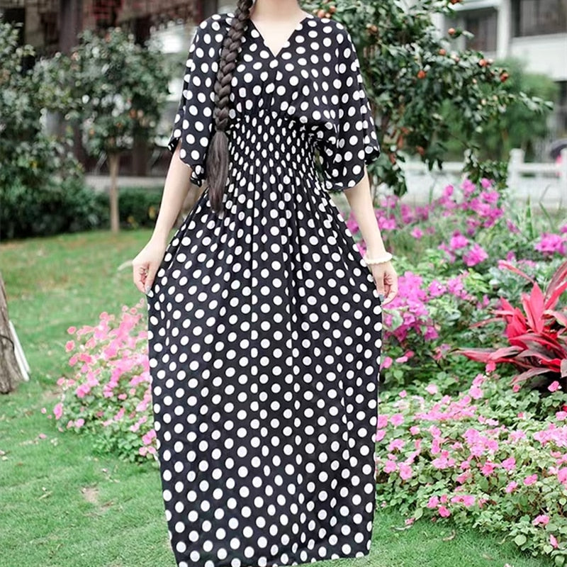 Casual Elegant Retro Style V-neck Tunic Large Swing Printed Dress Long Skirt