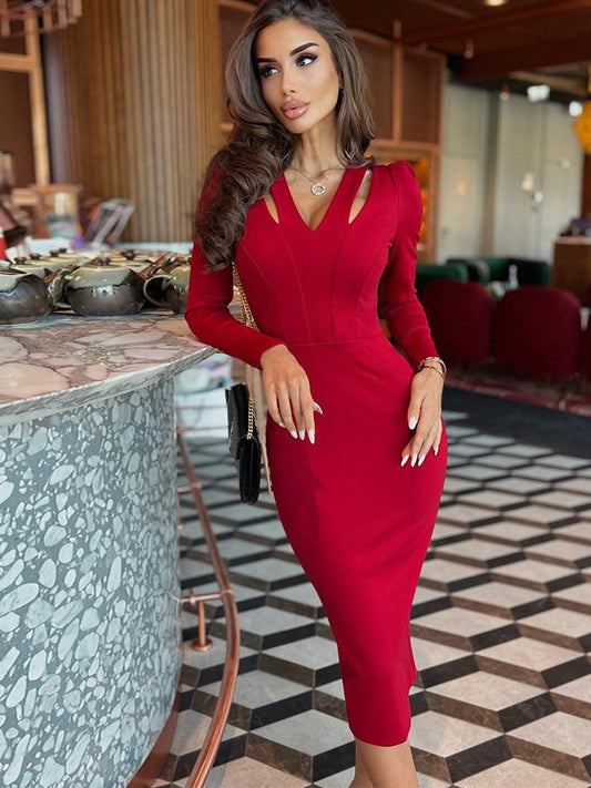 Long Sleeve Bandage Dress 2023 Women Red Party Dress Bodycon Elegant Sexy Midi Evening Birthday Club Outfit New Fashion