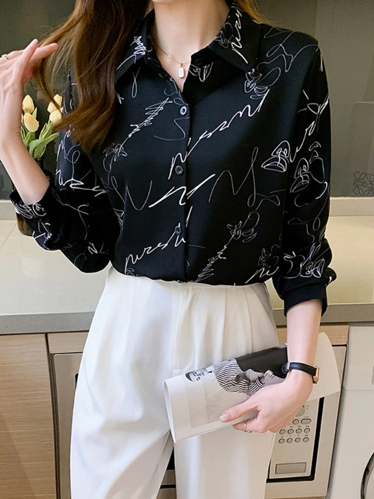 Fashion New Autumn Casual Print Women White Black Shirts Long Sleeve Elegant Slim OL Tops Female Vintage Chic Work Blouses