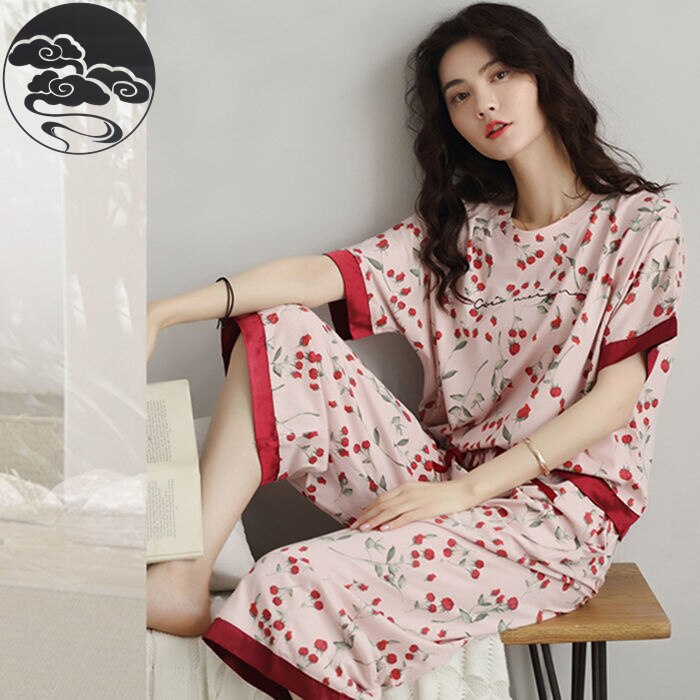 Summer Knitted Cotton Elegant Pajamas Set Women Pyjamas Polka Dots Sleepwear Nightwear Pijama Mujer Plus Size Calf-Length Pants